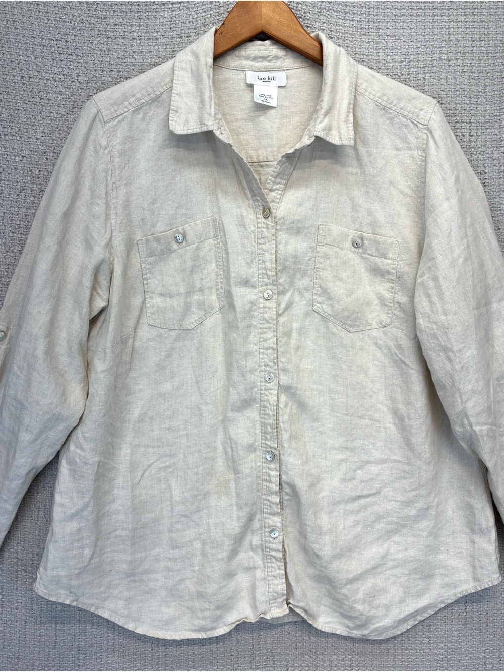 Kate Hill Tan 100% Linen Button Front Womens 1X Coastal Minimalist Boho Chic
